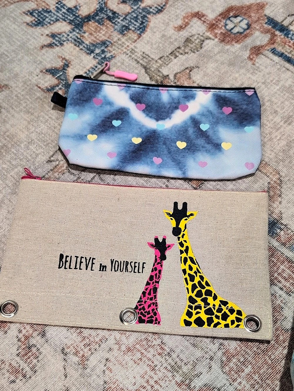 Canvas Believe in Yourself Pencil Pouch Cosmetic Pouch Set Blue & Beige